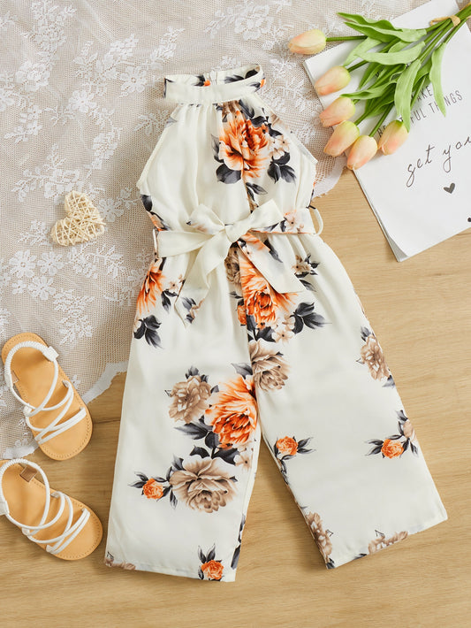 بذلة طفلة بطبعة الزهور ،مع حزام وحمالة رقبة