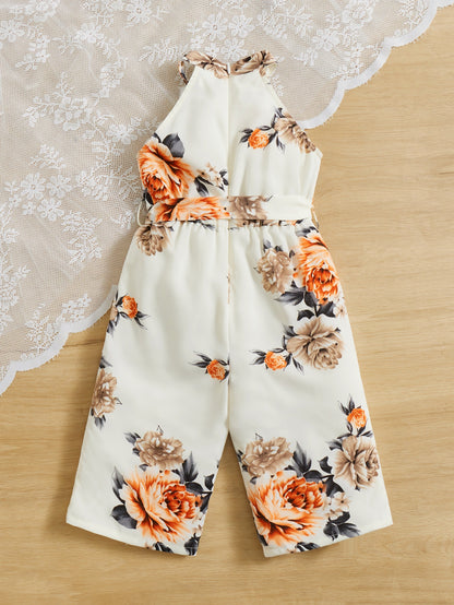 بذلة طفلة بطبعة الزهور ،مع حزام وحمالة رقبة