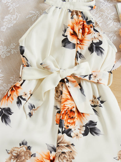 بذلة طفلة بطبعة الزهور ،مع حزام وحمالة رقبة