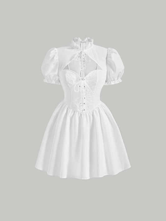 فستان رباط مقصوص امامي اكمام منتفخة