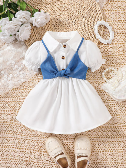 فستان 2 في 1 لونين اكمام منتفخة عقدة الفراشة أمامية للاطفال