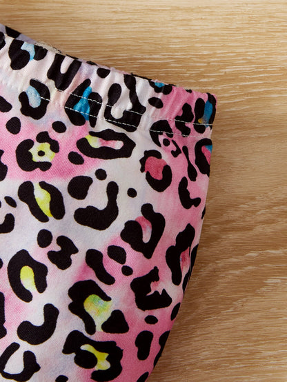 لباس علوي ممزق مفتوح الكتف الواحد البنت الطفل مع سروال ساق بوق بطباعة جلود فهدي