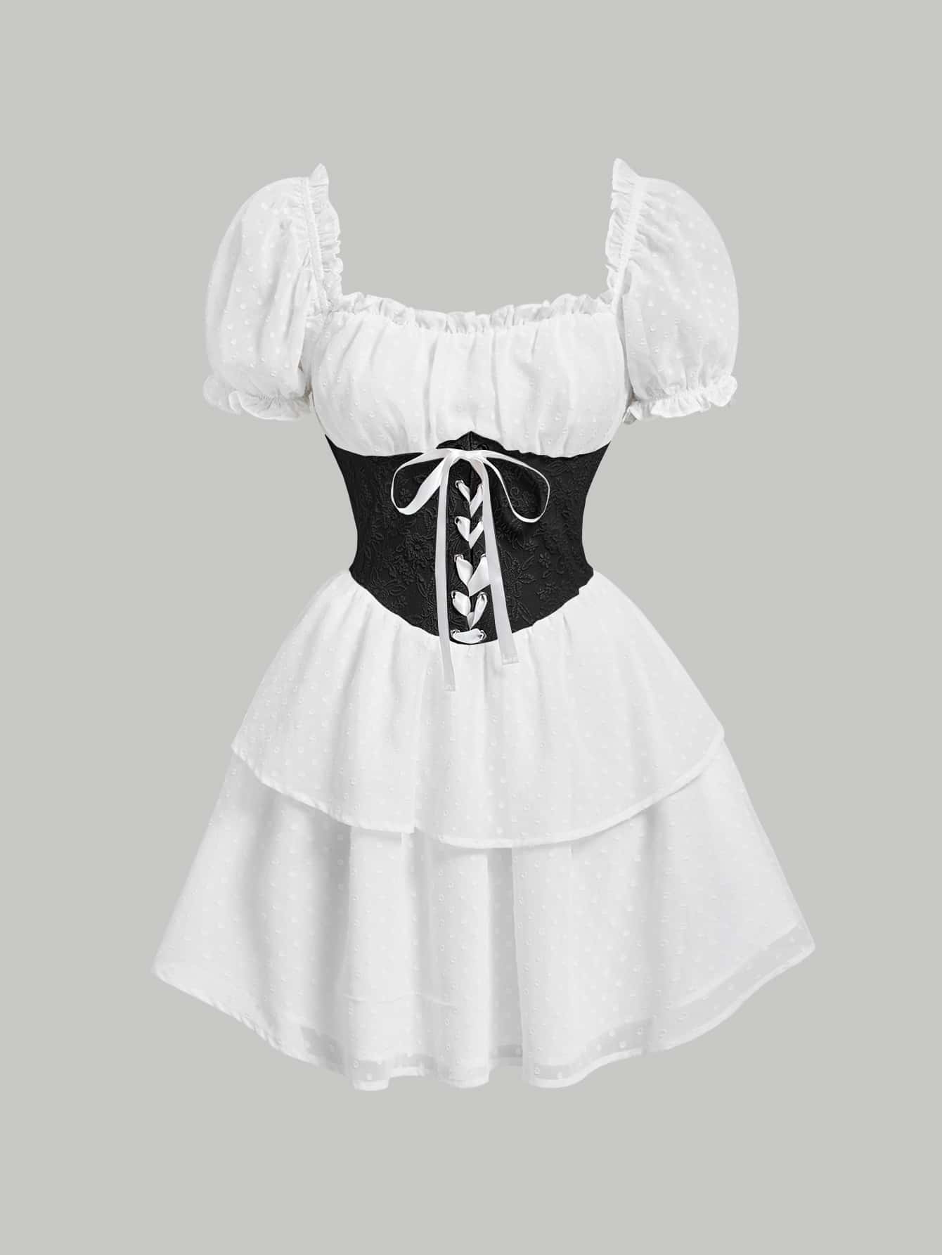 فستان الحليبي القصير ذو أكمام منتفخة مع طية مزدوجة وربطة أمامية