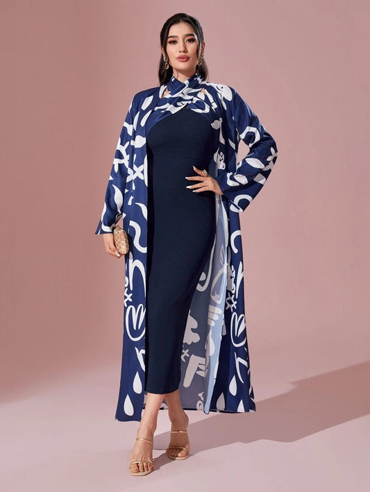 طباعة النقش مفتوح امامي معطف و فستان ضيق