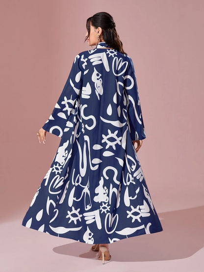 طباعة النقش مفتوح امامي معطف و فستان ضيق