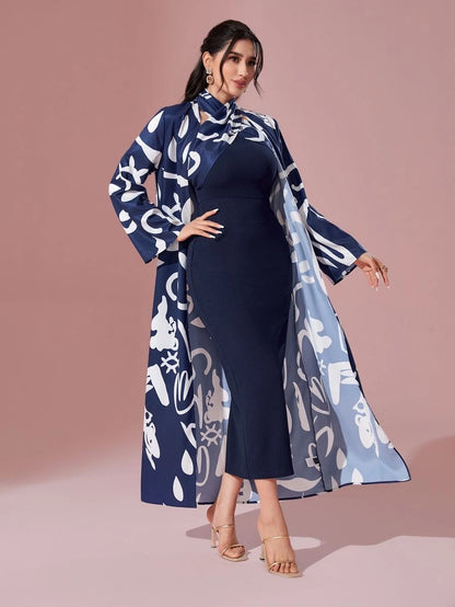 طباعة النقش مفتوح امامي معطف و فستان ضيق