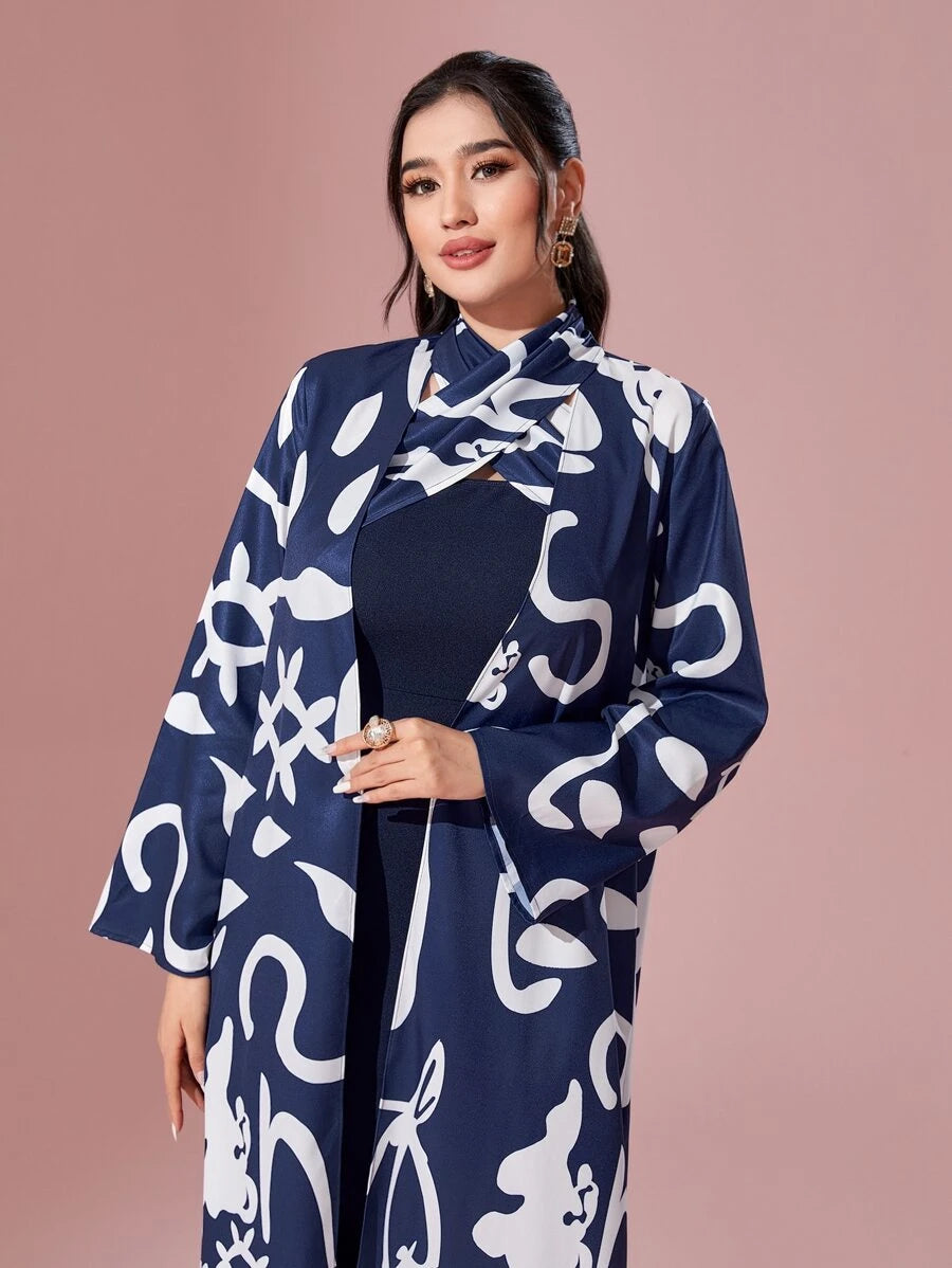 طباعة النقش مفتوح امامي معطف و فستان ضيق