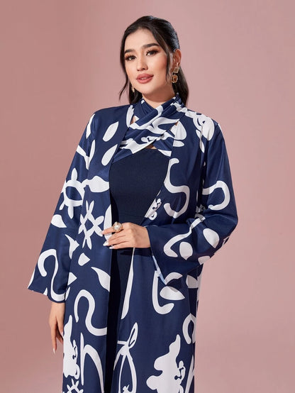 طباعة النقش مفتوح امامي معطف و فستان ضيق