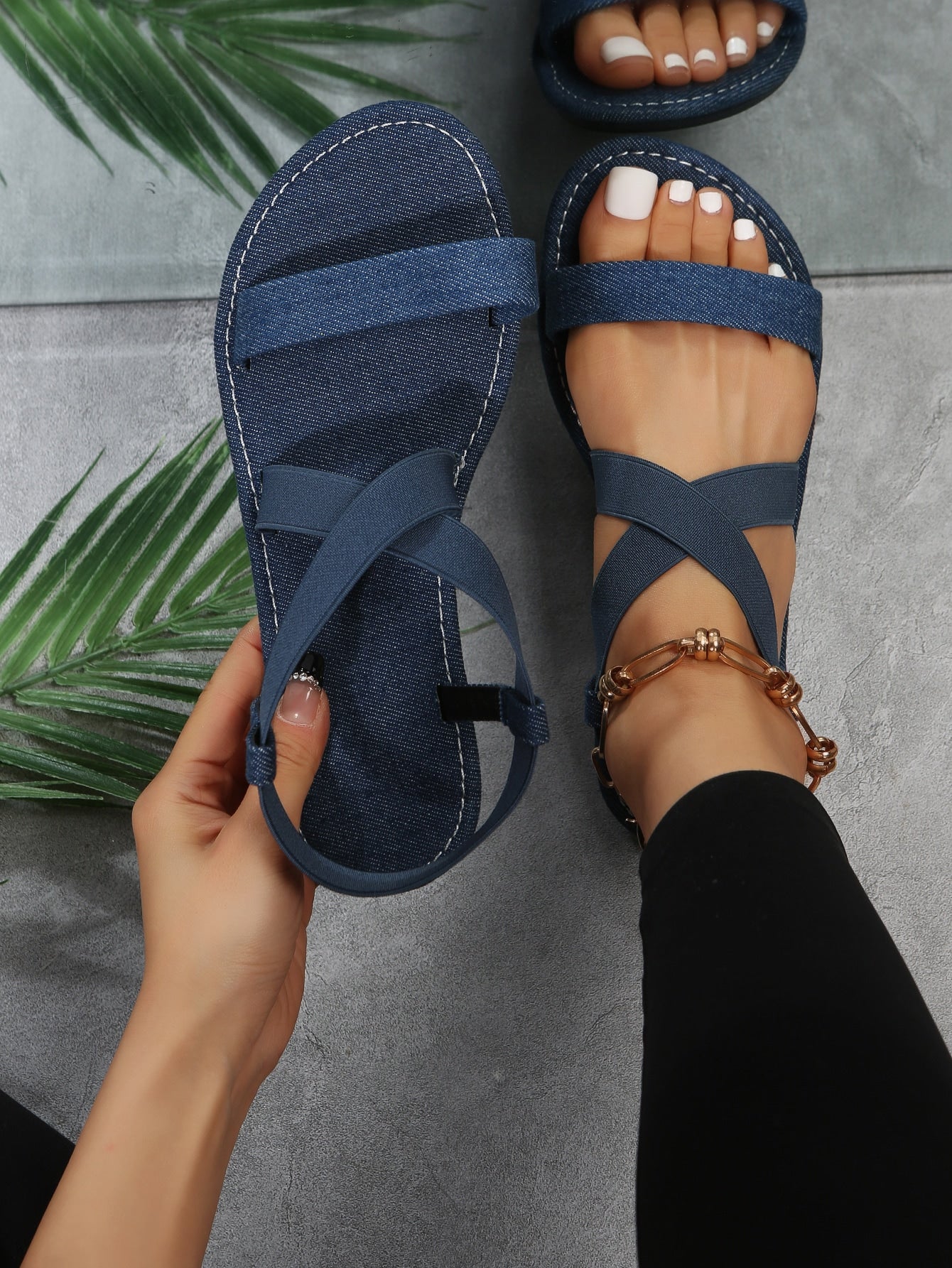 صنادل ومفتوح الوراء أشرطة متقاطعة مسطح الموضة قماش للصيف نساء