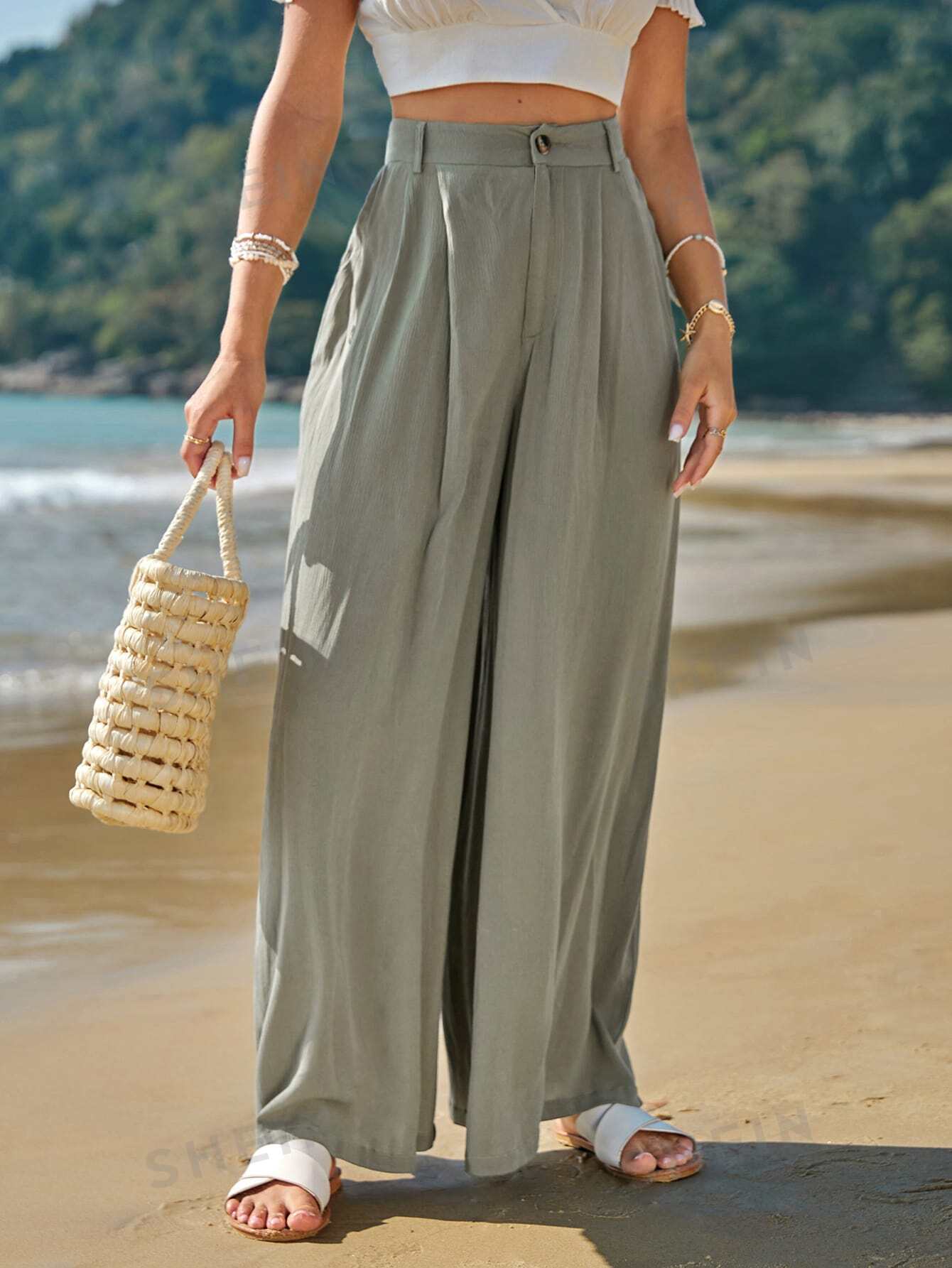 بنطلون بساق واسع موحدة اللون