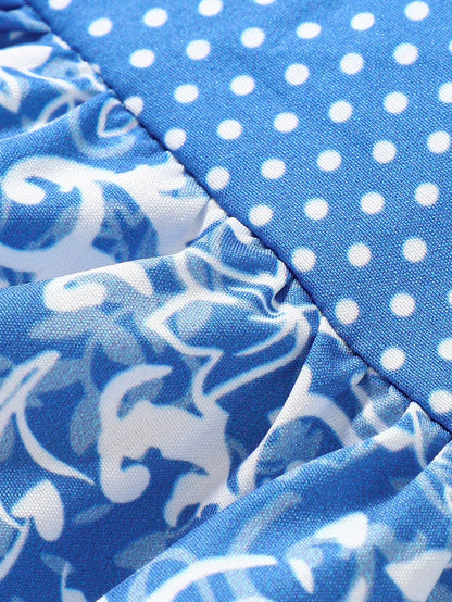 للاطفال بطباعة زهر ونقاط بولكا عقدة الفراشة أمامية فستان مع اكسسوارت قبعة