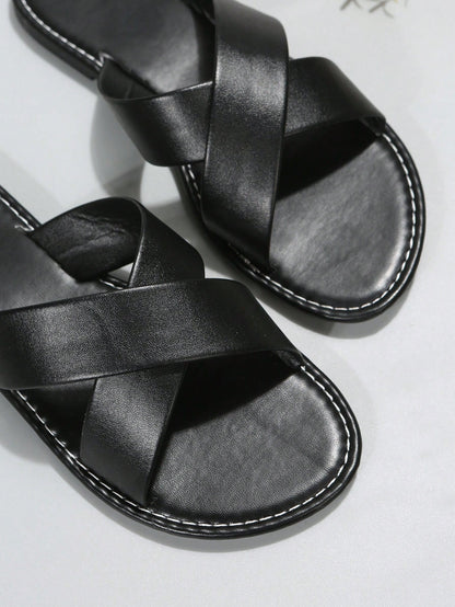 صنادل سلايد أشرطة متقاطعة مسطح أنيق الى خارجي نساء