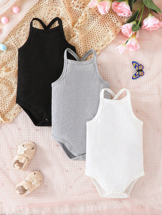 بدلة جسم لطفلة رضيعة 3 قطع مع حمالات متشابكة على الظهر