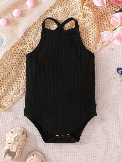 بدلة جسم لطفلة رضيعة 3 قطع مع حمالات متشابكة على الظهر