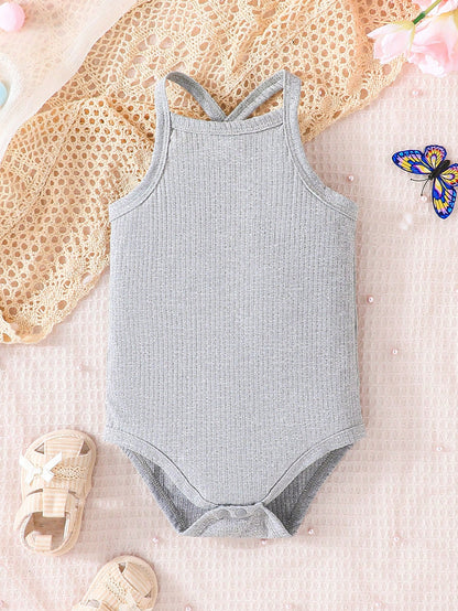 بدلة جسم لطفلة رضيعة 3 قطع مع حمالات متشابكة على الظهر