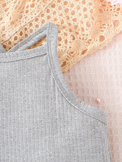 بدلة جسم لطفلة رضيعة 3 قطع مع حمالات متشابكة على الظهر