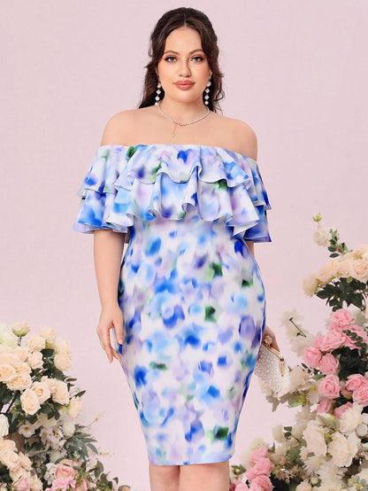 فستان وصيفة العروسة صبغ متعادل مكشوف الكتف مقلم بكشكش ضيق مقاس كبير