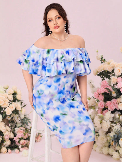 فستان وصيفة العروسة صبغ متعادل مكشوف الكتف مقلم بكشكش ضيق مقاس كبير