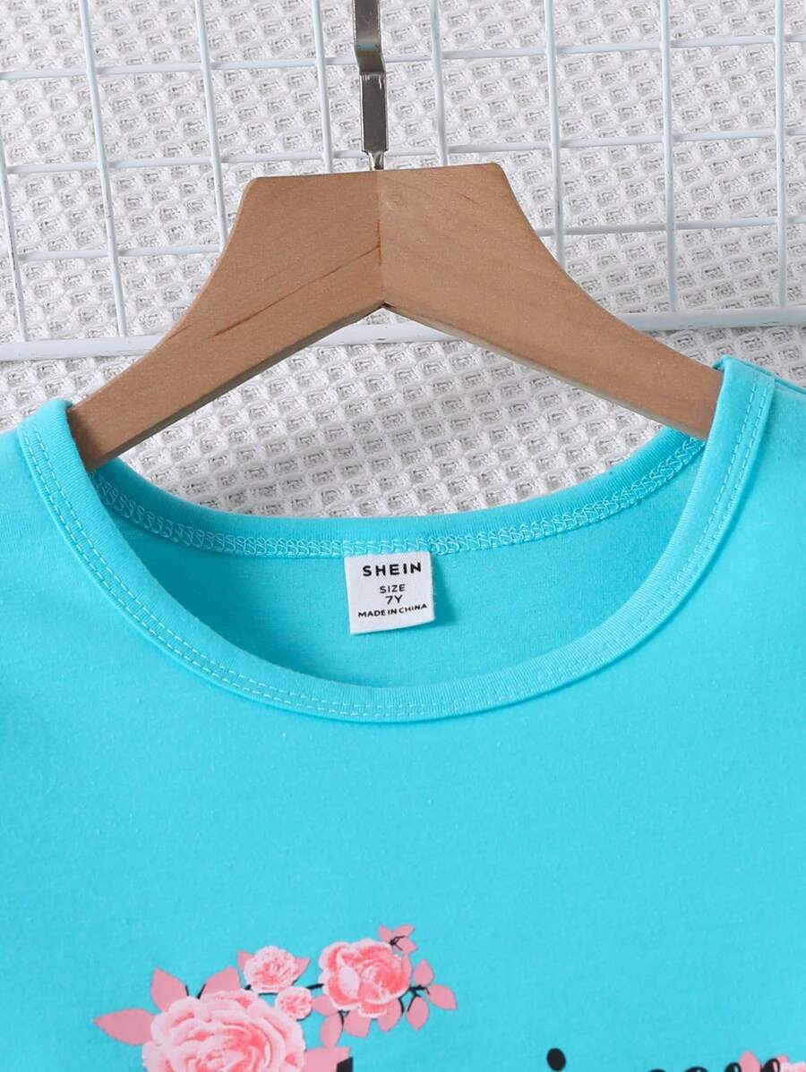 تي شيرت رسومات حروف فتاة صغيرة وبنطلون طباعة زهور