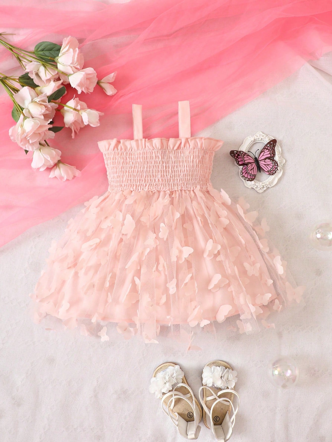 فستان شيد باي للرضع بحمالة ،تطريزات صلبة وتراكب الشبكة