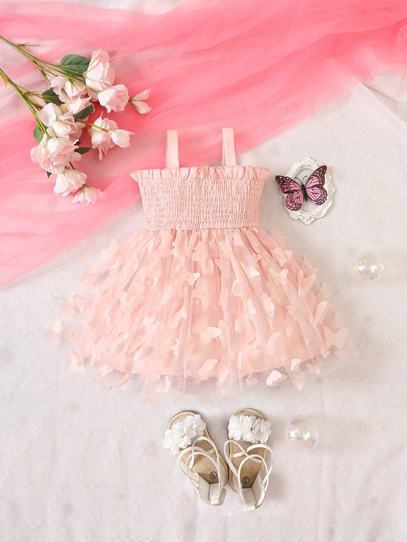 فستان شيد باي للرضع بحمالة ،تطريزات صلبة وتراكب الشبكة