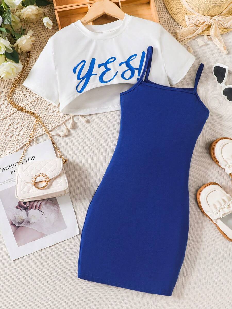 طقم فستان وتي شيرت مقصوص للفتيات المراهقات وفستان ضيق أزرق