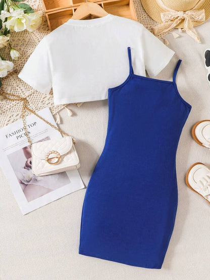 طقم فستان وتي شيرت مقصوص للفتيات المراهقات وفستان ضيق أزرق