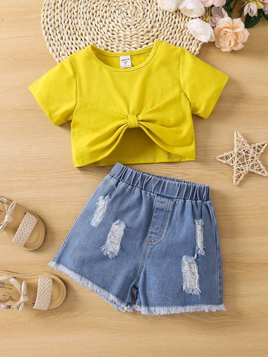 بنت طفل ألوان متباينة كاجوال أسلوب أساسي الموضة أكمام قصيرة لباس علوي & شورت دنيم طقم