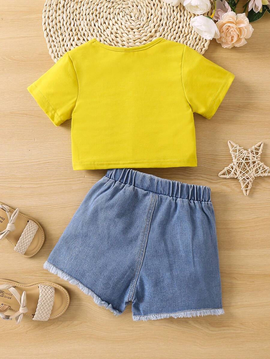 بنت طفل ألوان متباينة كاجوال أسلوب أساسي الموضة أكمام قصيرة لباس علوي & شورت دنيم طقم