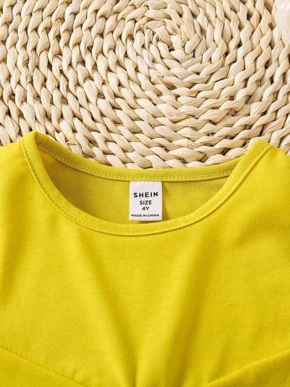 بنت طفل ألوان متباينة كاجوال أسلوب أساسي الموضة أكمام قصيرة لباس علوي & شورت دنيم طقم