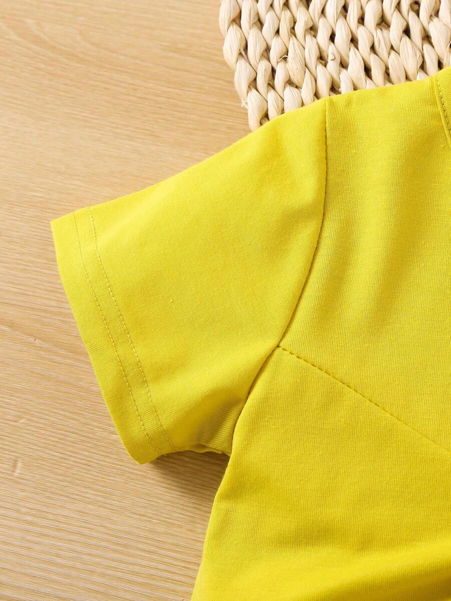 بنت طفل ألوان متباينة كاجوال أسلوب أساسي الموضة أكمام قصيرة لباس علوي & شورت دنيم طقم