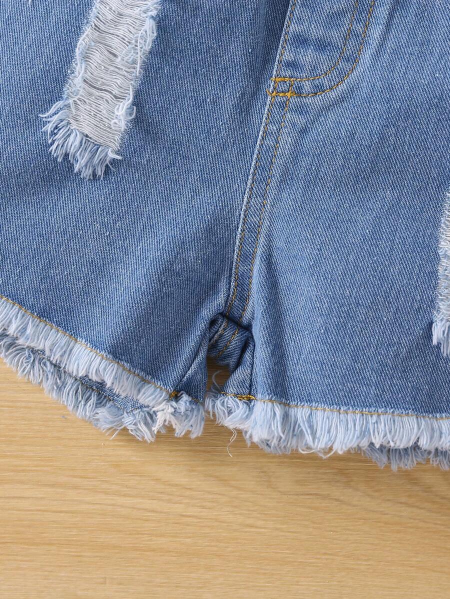 بنت طفل ألوان متباينة كاجوال أسلوب أساسي الموضة أكمام قصيرة لباس علوي & شورت دنيم طقم