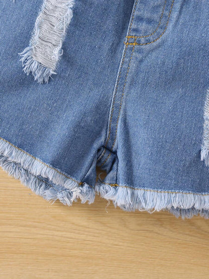 بنت طفل ألوان متباينة كاجوال أسلوب أساسي الموضة أكمام قصيرة لباس علوي & شورت دنيم طقم