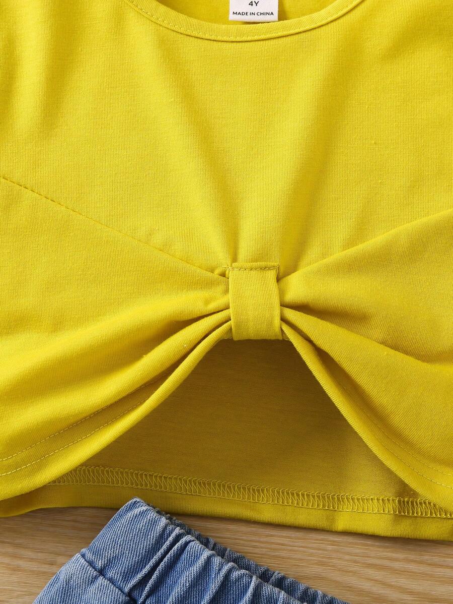 بنت طفل ألوان متباينة كاجوال أسلوب أساسي الموضة أكمام قصيرة لباس علوي & شورت دنيم طقم