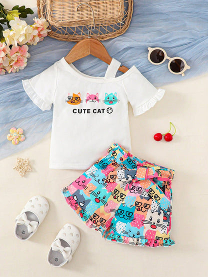 تيشيرت وسروال قصير بأكمام واسعة ورقبة غير متماثلة ورسومات كرتونية للأطفال