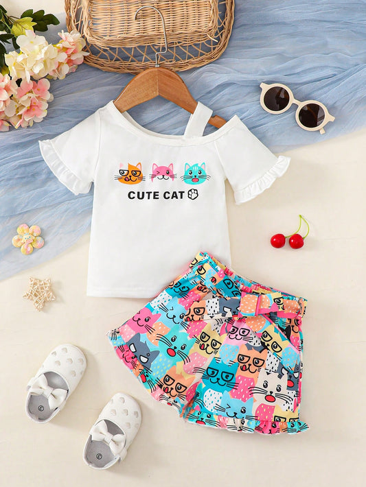 تيشيرت وسروال قصير بأكمام واسعة ورقبة غير متماثلة ورسومات كرتونية للأطفال