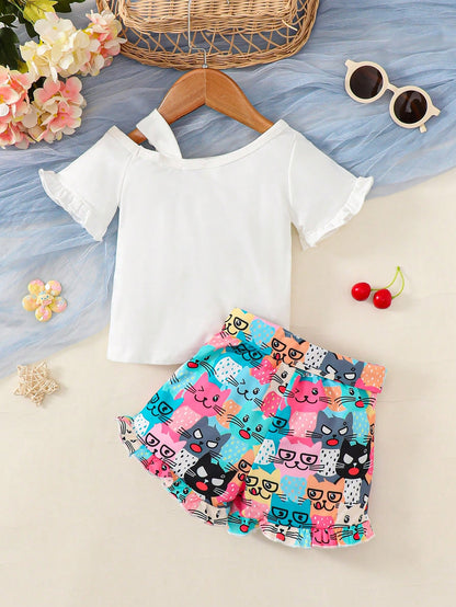 تيشيرت وسروال قصير بأكمام واسعة ورقبة غير متماثلة ورسومات كرتونية للأطفال