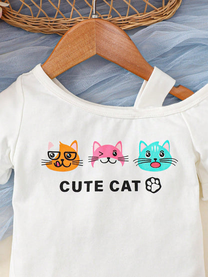 تيشيرت وسروال قصير بأكمام واسعة ورقبة غير متماثلة ورسومات كرتونية للأطفال