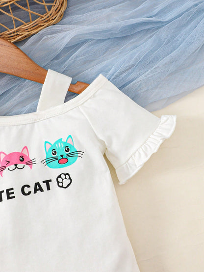 تيشيرت وسروال قصير بأكمام واسعة ورقبة غير متماثلة ورسومات كرتونية للأطفال