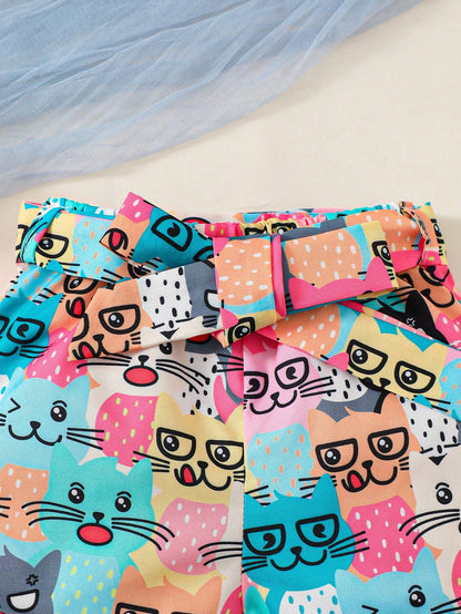 تيشيرت وسروال قصير بأكمام واسعة ورقبة غير متماثلة ورسومات كرتونية للأطفال