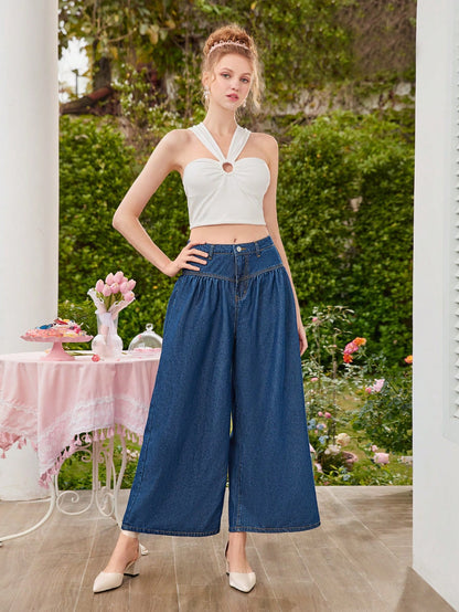 بنطلون جينز موحدة اللون مطوي ساق عريضة