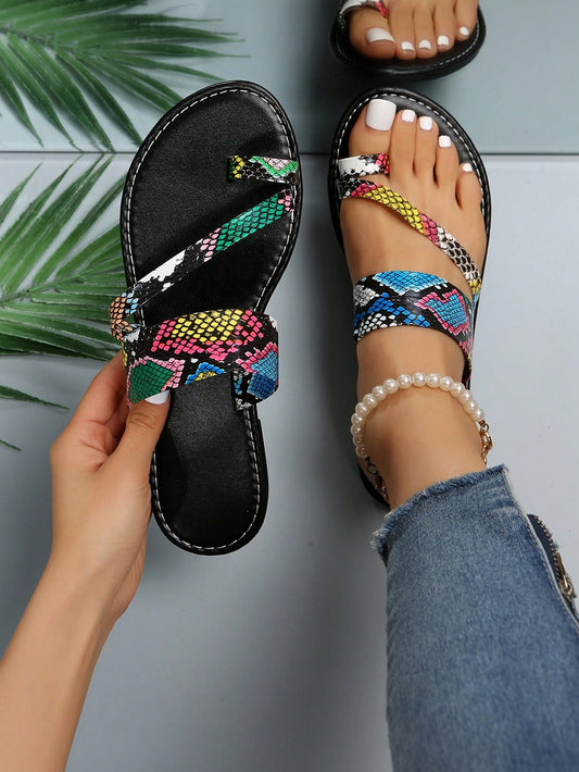 صنادل غير تقليدي للنساء ، صنادل رباط منقوش بجلد الأفعى