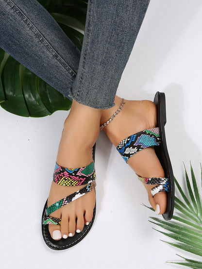 صنادل غير تقليدي للنساء ، صنادل رباط منقوش بجلد الأفعى