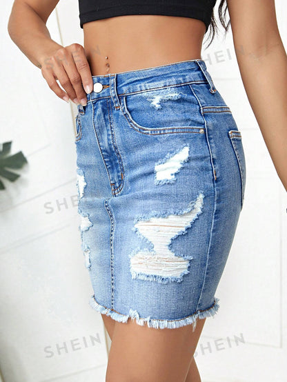 تنورة دنيم ممزق حافة خام