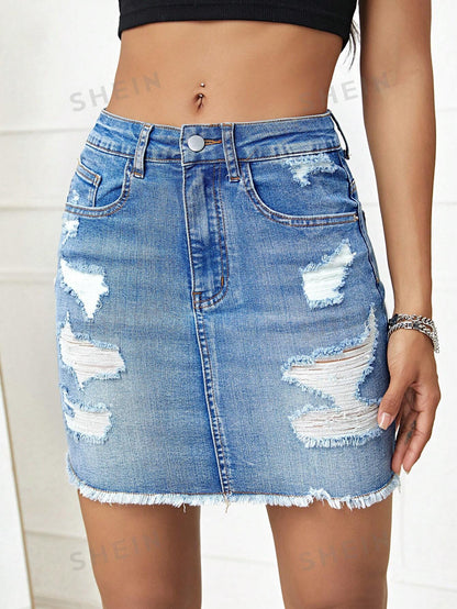 تنورة دنيم ممزق حافة خام