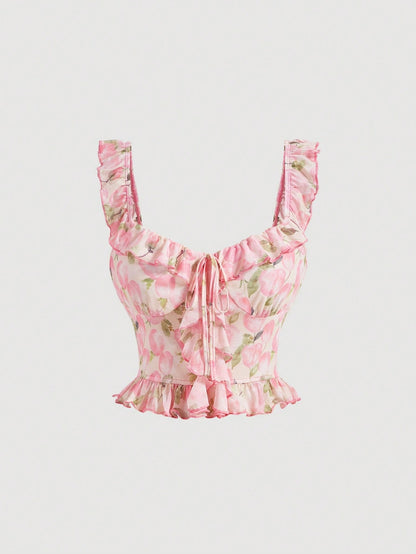 صدرية كامي طباعة الأزهار مقلم بكشكش ربطة امامية