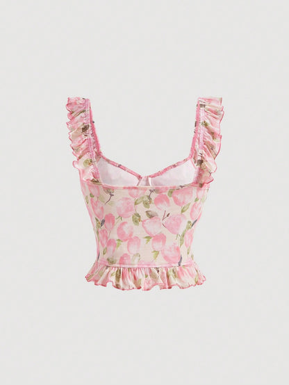 صدرية كامي طباعة الأزهار مقلم بكشكش ربطة امامية