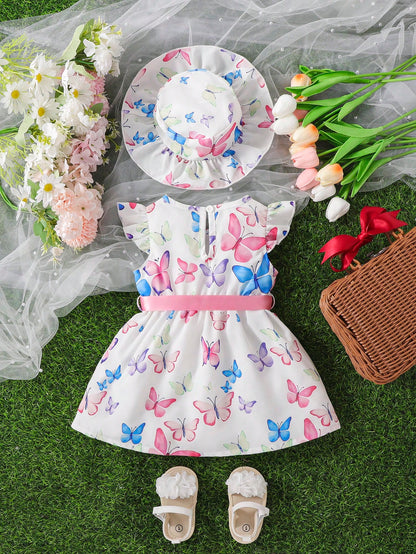 فستان طفلة بناتي بطبعة فراشة و تطريز فرو مع قبعة