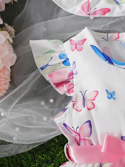 فستان طفلة بناتي بطبعة فراشة و تطريز فرو مع قبعة