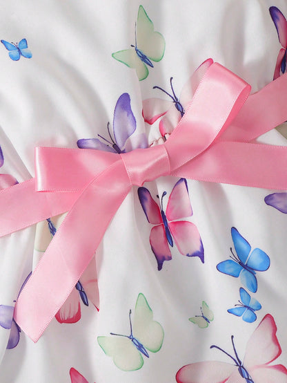 فستان طفلة بناتي بطبعة فراشة و تطريز فرو مع قبعة